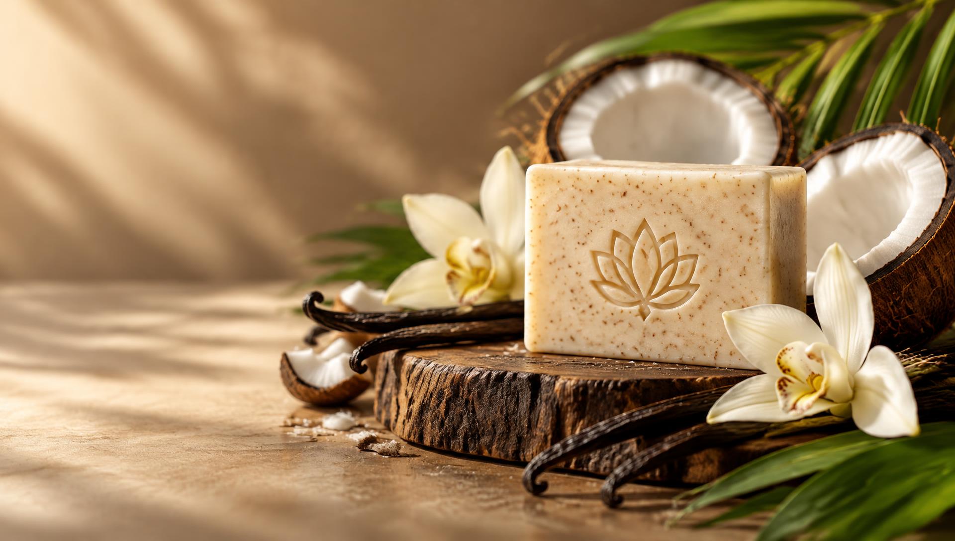 Sabonete Natural D’Lurdes de Coco & Baunilha com coco e flor de baunilha