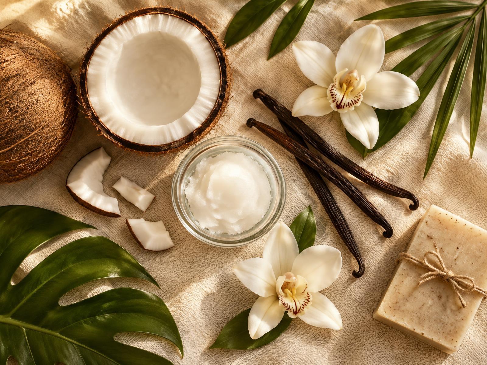 Coco, óleo de coco, baunilha e sabonete natural